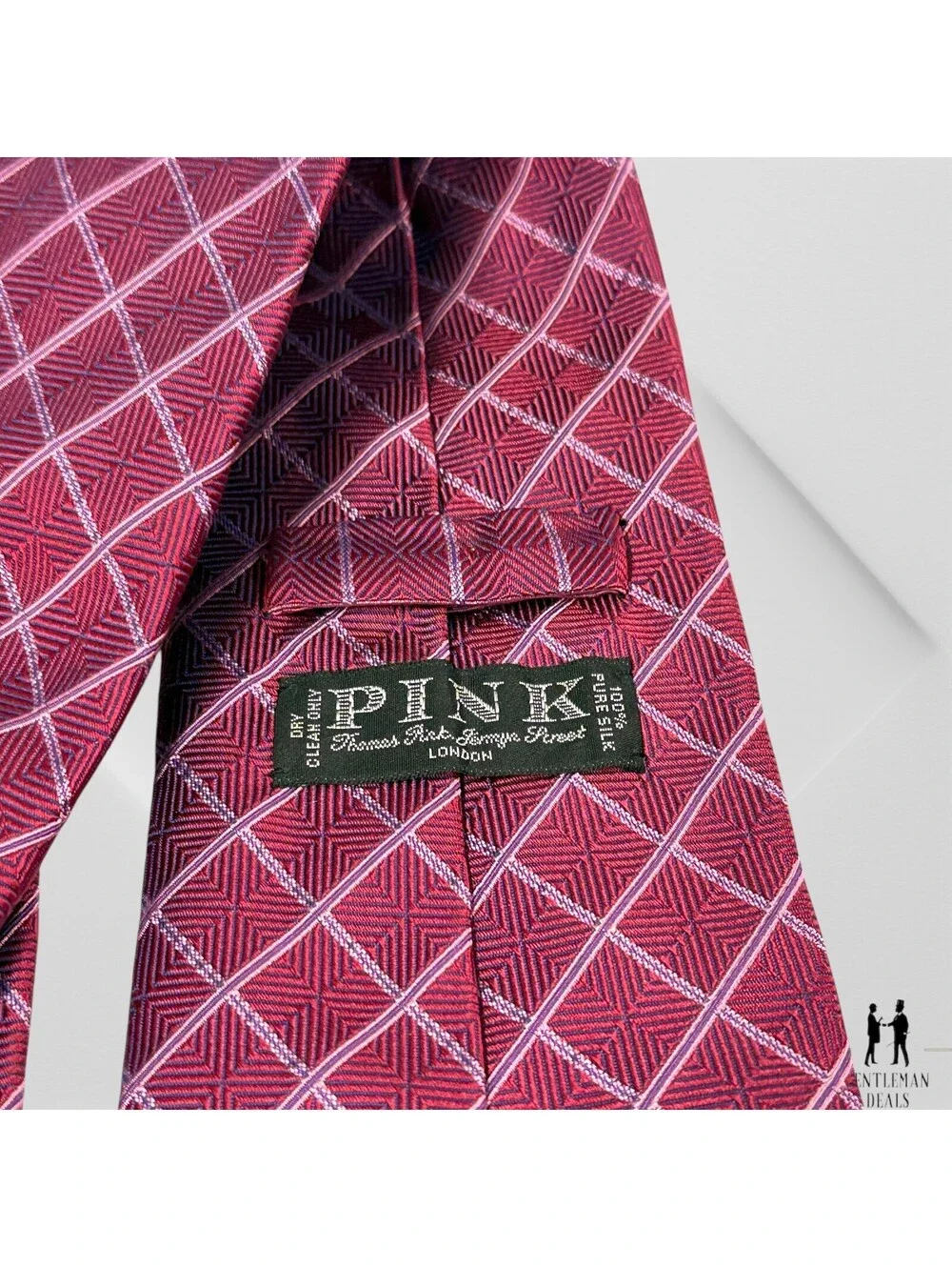 Thomas Pink Men's Necktie Red Purple Checks 100% Silk Classic Silk  60x3.3/4